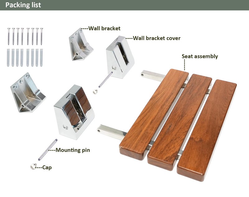 DIYHD 20" Modern Teak Wood Folding Shower Seat Bench Brushed Wall Mounted Shower Bench - Image 2